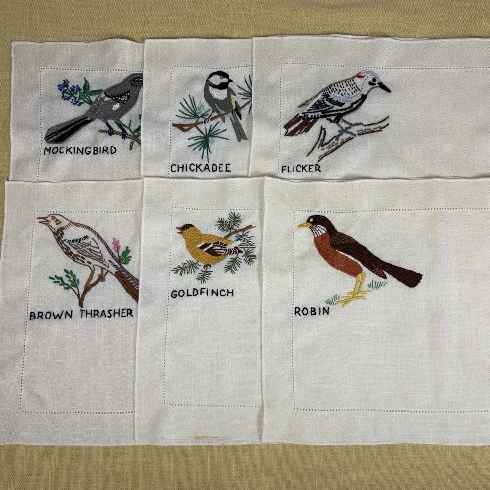 Set of 6 Vtg Hand Embroidered Table Mats Birds GrannyCore Farmhouse Decor OOAK